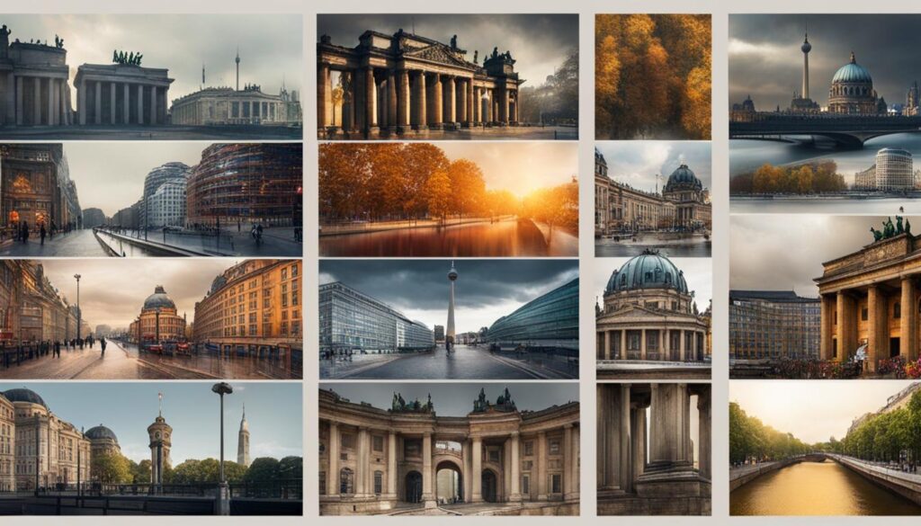ein Bild, das das Klima und das Wetter in Berlin und London vergleicht und dabei visuelle Elemente verwendet, die die einzigartigen Merkmale des Klimas jeder Stadt darstellen.