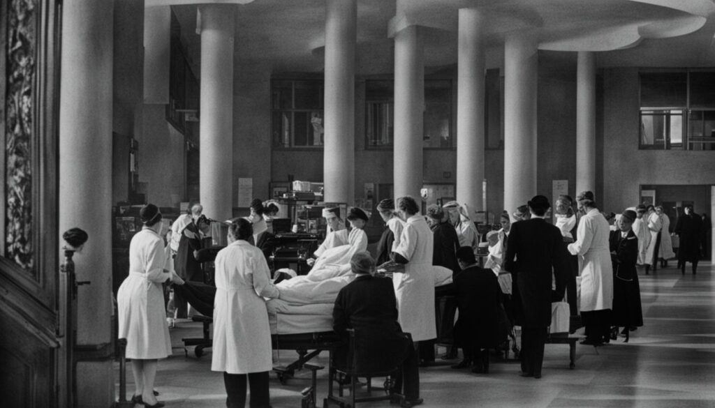 A busy hospital lobby in Berlin with doctors and nurses attending to patients.