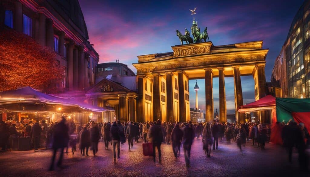 an image that depicts the bustling nightlife and entertainment scenes of Berlin and London side by side. 