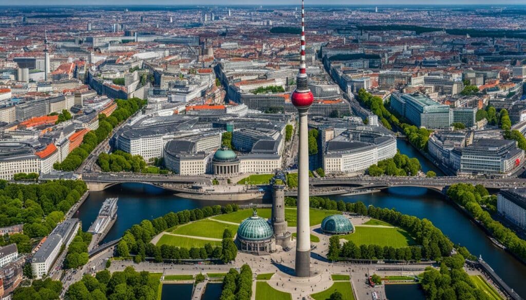  a panoramic view of Berlin from the iconic Berliner Fernsehturm, showcasing the city's blend of modern and historical architecture. Highlight the famous landmarks such as Brandenburg Gate, Reichstag building, Berlin Wall East Side Gallery, and Museum Island