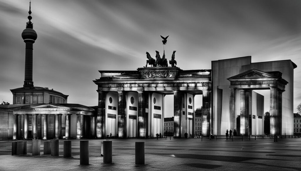 an image showcasing the contrasting architectural styles of Berlin and Hamburg throughout their history.
