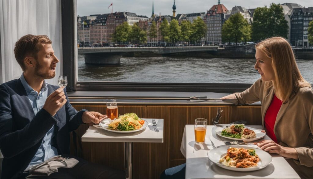 Two people sitting in front of a table with a plate of food and a bill, one in Berlin and one in Hamburg. 