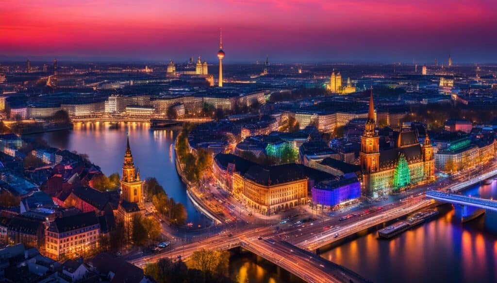 an image showcasing the vibrant and colorful nightlife of Berlin and Hamburg. 