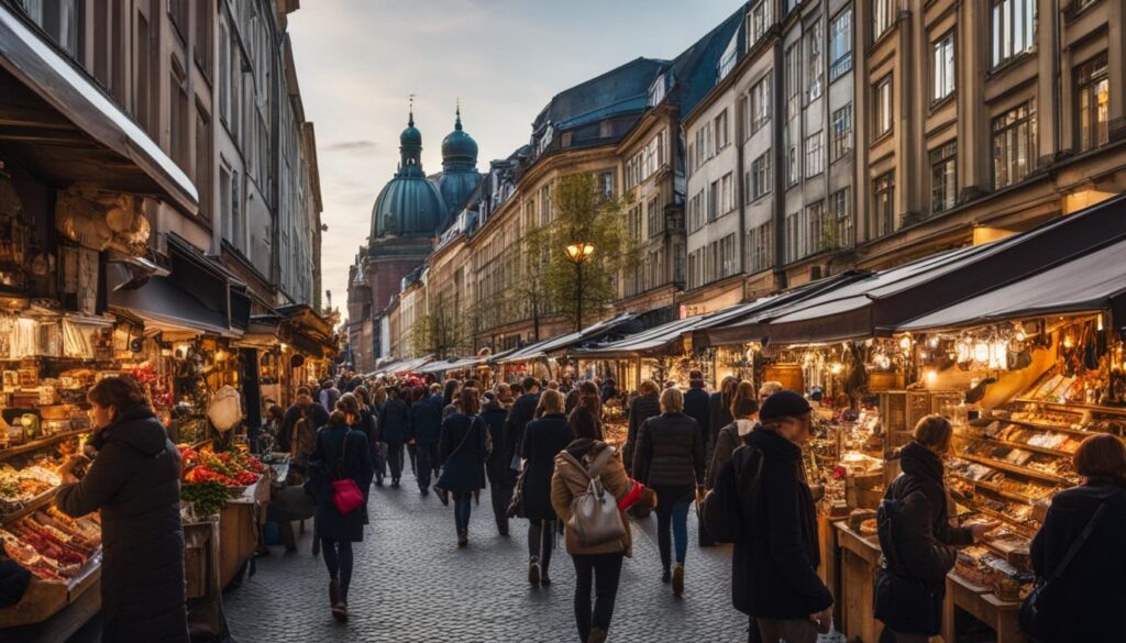 A bustling shopping street in Berlin and Hamburg, side-by-side. In Berlin, the shops are eclectic and trendy with street vendors selling handmade goods.