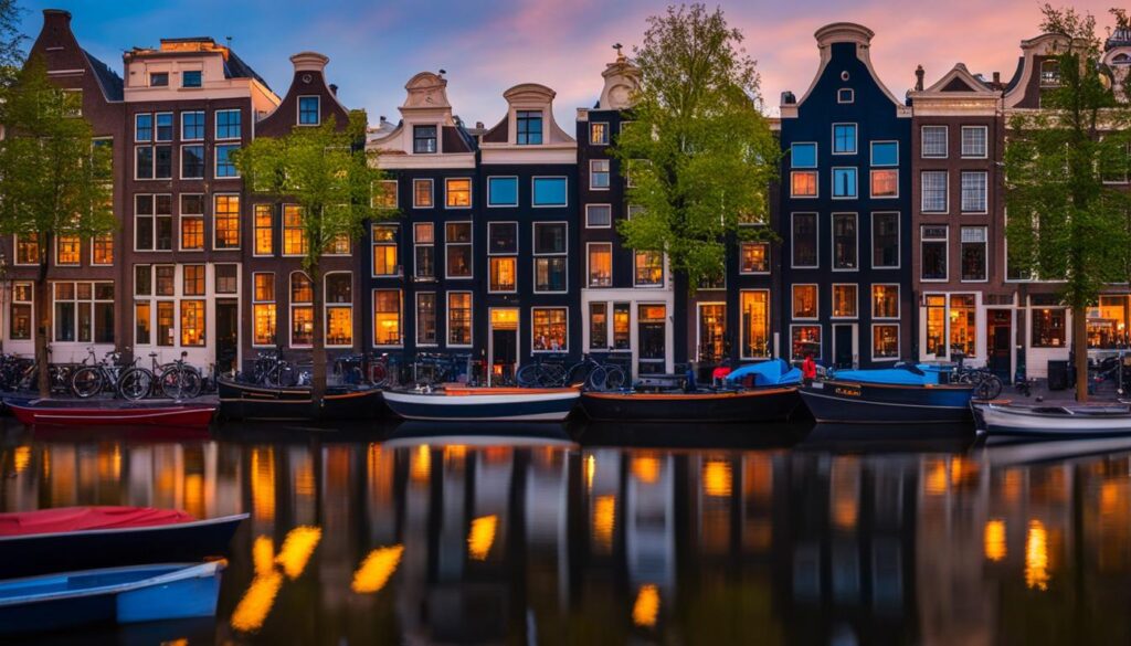 Die ikonischen Grachten von Amsterdam bei Sonnenuntergang, mit bunten Häusern am Ufer und Booten, die friedlich vorbeiziehen