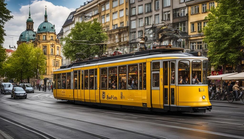 Eine belebte Berliner Straßenszene mit einer vorbeifahrenden gelben Straßenbahn im Vordergrund.