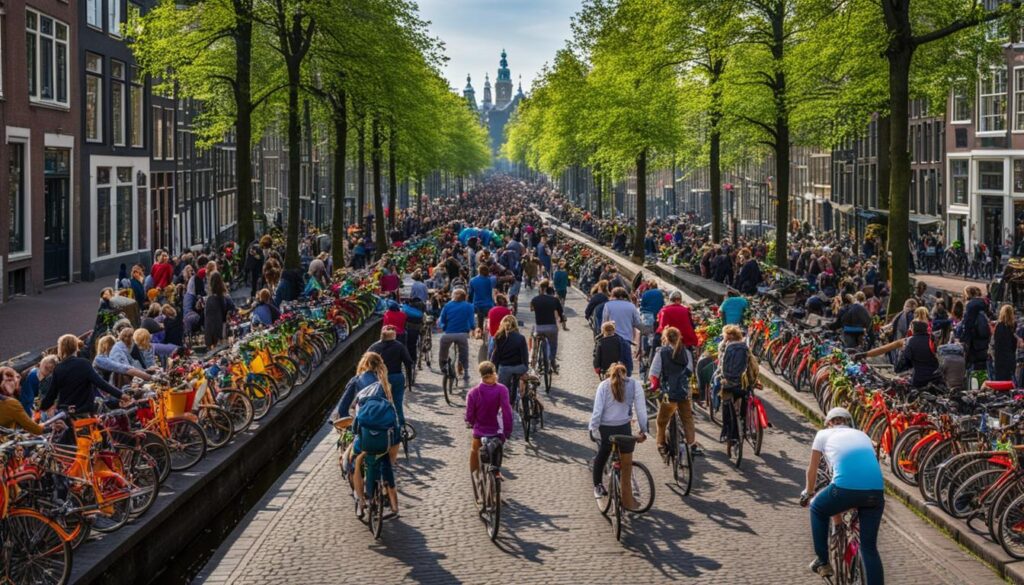 Eine belebte Fahrradspur in Amsterdam mit bunten Fahrrädern in verschiedenen Formen und Größen, die sich durch die Menschenmassen schlängeln, die zu Fuß unterwegs sind.