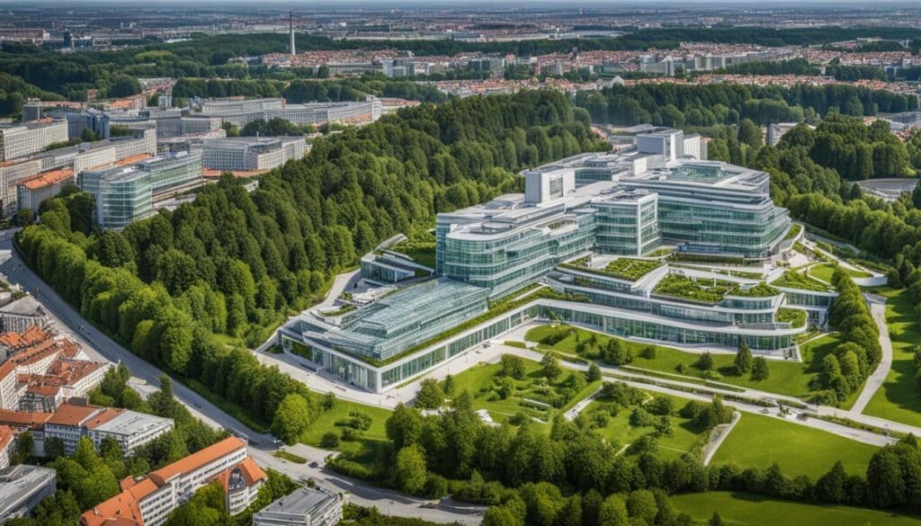 Das Bild eines modernen Krankenhauses in Berlin mit modernsten Geräten und Einrichtungen, umgeben von Grün- und Freiflächen, die Heilung und Entspannung fördern.