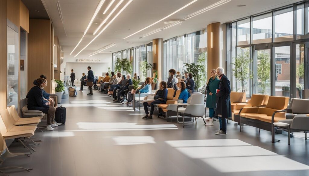 Ein belebtes Wartezimmer in einem Amsterdamer Krankenhaus, gefüllt mit Patienten unterschiedlicher Herkunft.