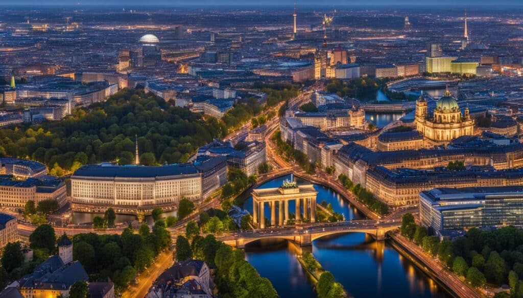 an image of the Berlin and Frankfurt cityscape that highlights the unique attractions and features of each city