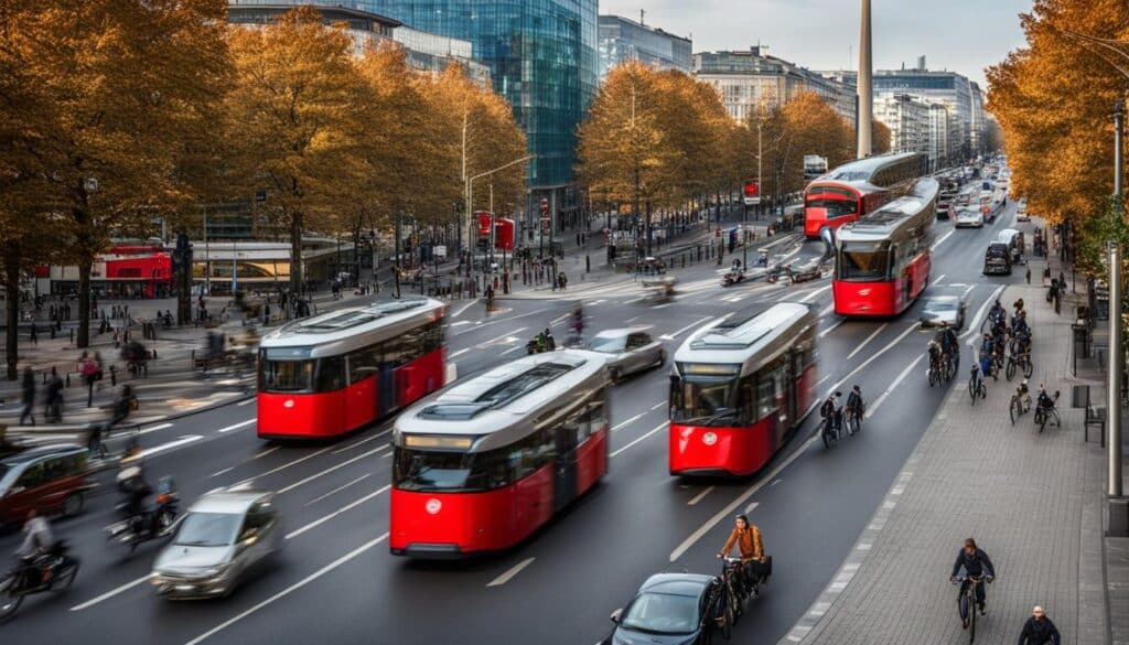 Eine belebte Kreuzung in Berlin mit einer Mischung aus traditionellen und modernen Verkehrsträgern.