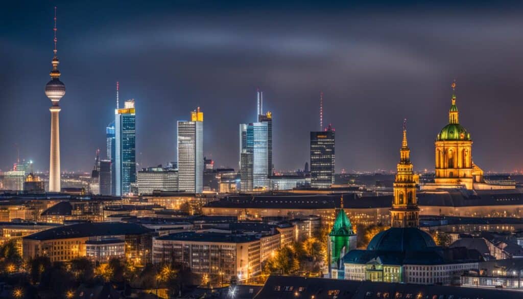 Two contrasting skylines of Berlin and Frankfurt with symbols of safety incorporated within each cityscape.