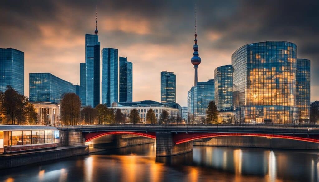 ein Bild, das die vielfältigen Beschäftigungsmöglichkeiten in Berlin und Frankfurt zeigt, mit ikonischen Wahrzeichen und Symbolen der Wirtschaft der beiden Städte
