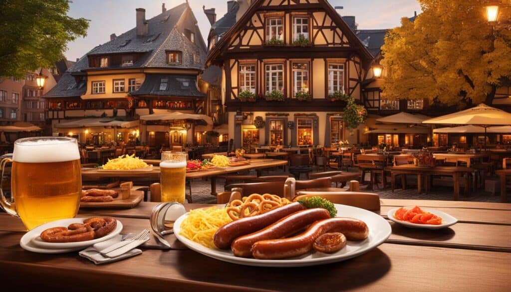 ein Bild, das die Vorliebe der Frankfurter für Wurst und Bier zeigt, mit einer traditionellen deutschen Gaststätte im Hintergrund