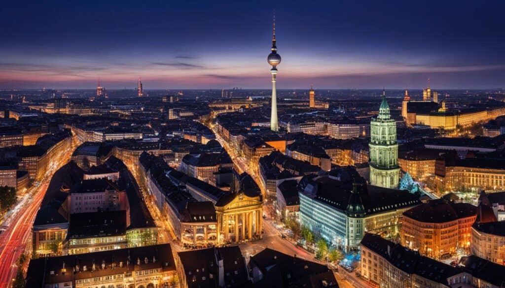 an image showing the contrast between the bustling nightlife of Berlin and the more relaxed, intimate atmosphere of Frankfurt's bars and clubs