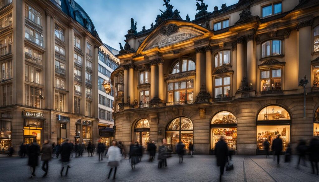 ein Bild, das den Kontrast der Einkaufserlebnisse in Berlin und Frankfurt zeigt