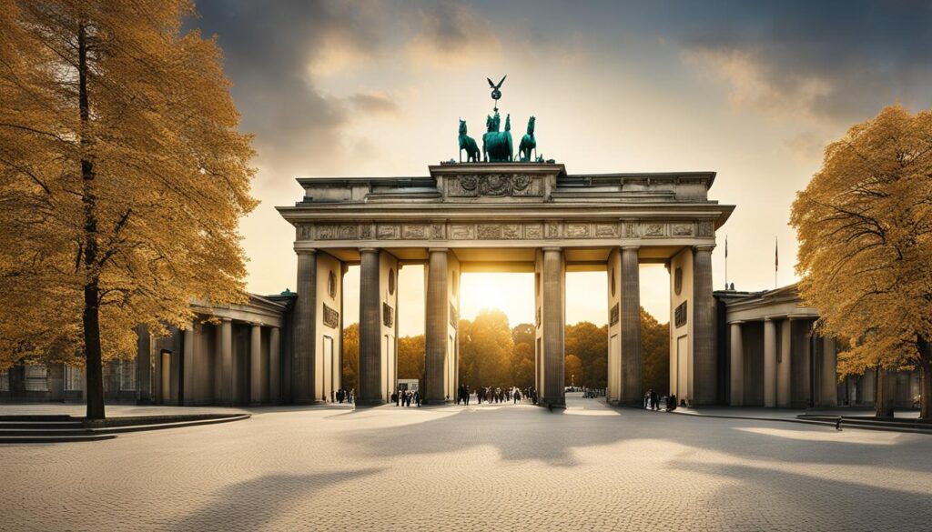 an image of the Brandenburg Gate in Berlin and the Mercedes-Benz Museum in Stuttgart