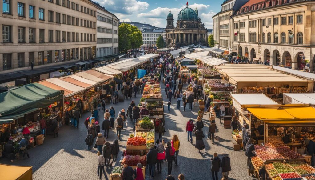 A bustling outdoor market in Berlin, filled with colorful stalls selling handmade crafts, fresh produce, and unique souvenirs