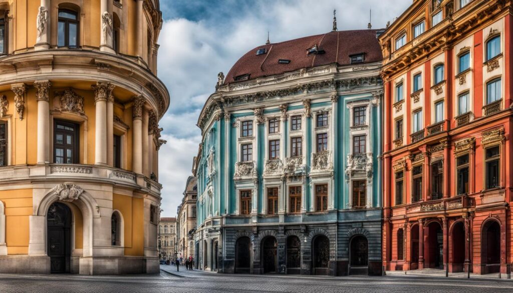 Show a side-by-side comparison of the architecture and landmarks of Berlin and Vienna. Use contrasting colors to emphasize any differences in style and detail.
