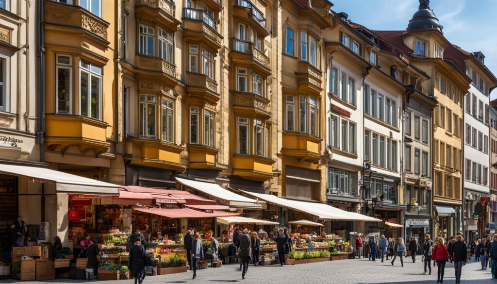 Eine belebte Straße in Stuttgart mit Läden und Schaufenstern in verschiedenen Größen und Stilen