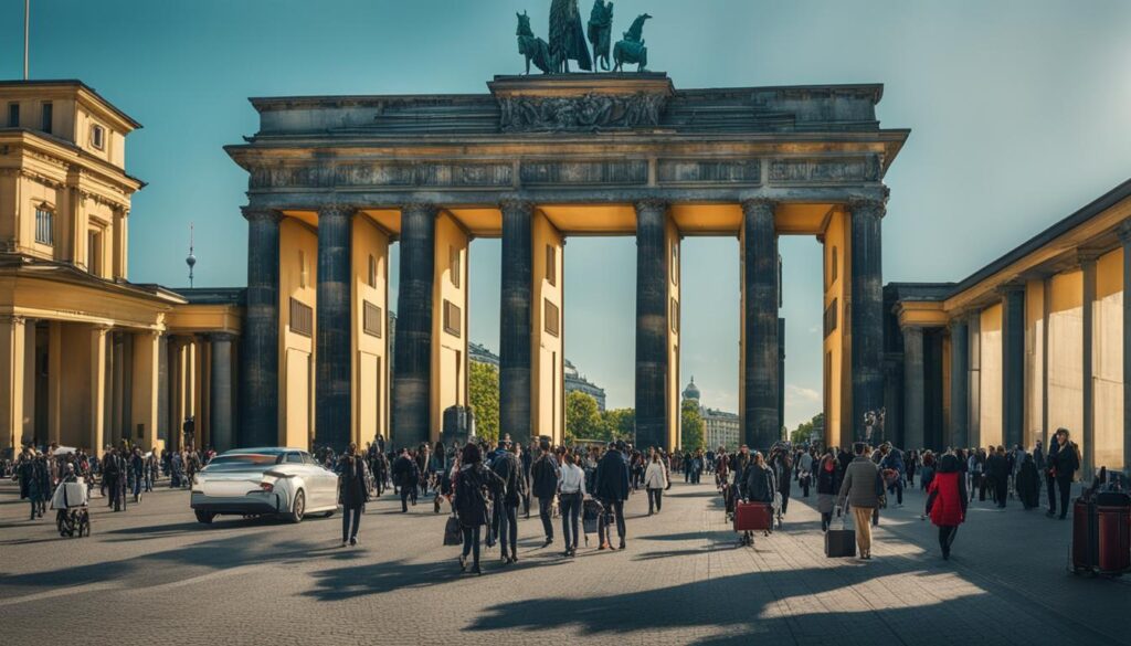 Vergleich der Sicherheit und Gesundheit von Berlin und Wien anhand von symbolischen Darstellungen der einzigartigen Merkmale jeder Stadt, einschließlich Architektur, Verkehr und öffentlicher Räume.