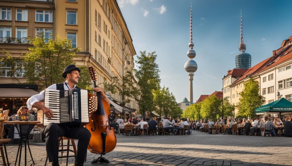 Das Bild zeigt eine belebte Straße in Berlin, auf der die Menschen eine Vielzahl von lokalen Speisen und Bieren genießen. Im Vordergrund ist ein Straßenmusiker zu sehen, der traditionelle Musik auf einem Akkordeon spielt.