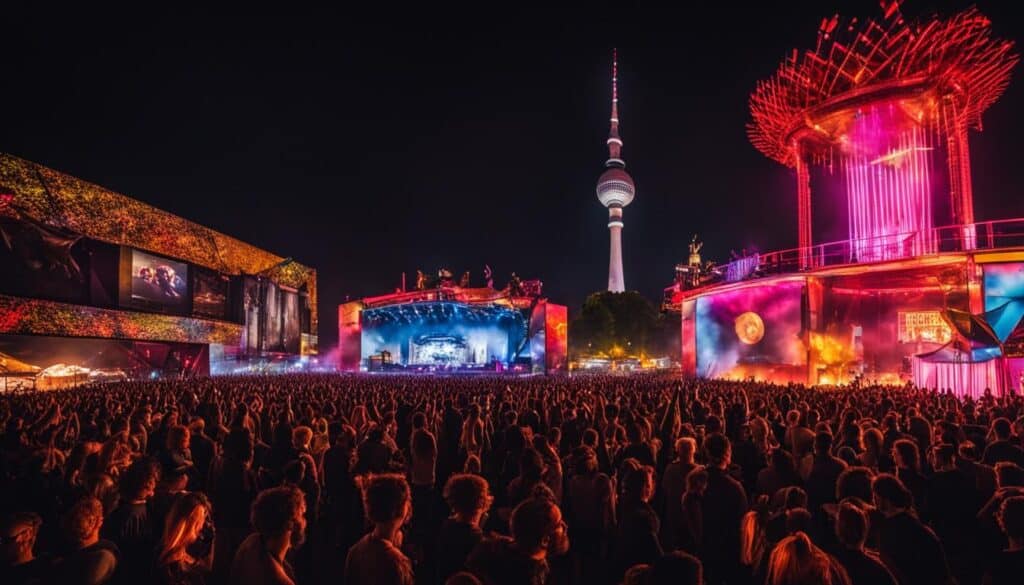 A panoramic view of crowds dancing under neon lights in an open-air venue at a Berlin festival