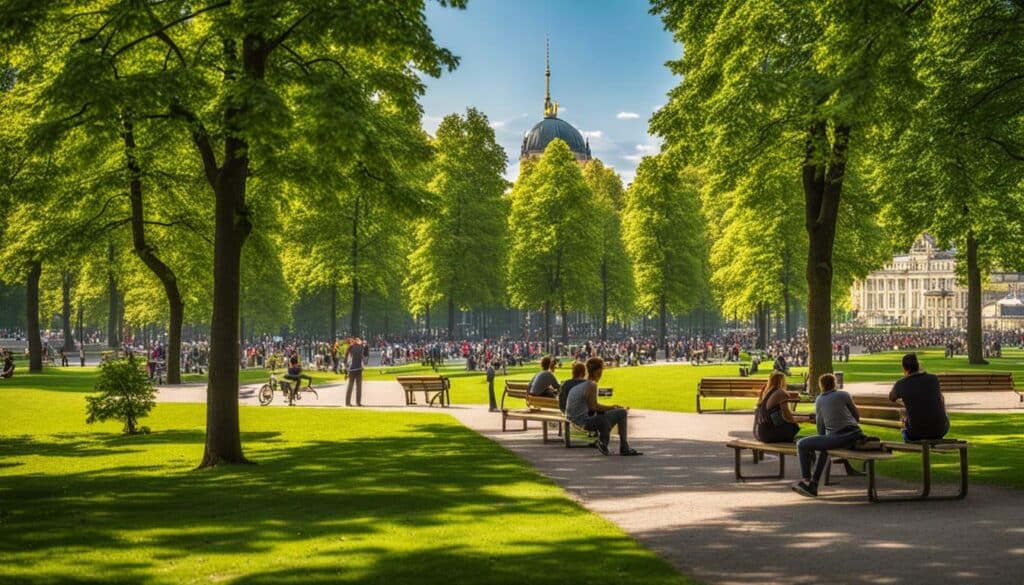 Ein Park in Berlin, in dem Menschen Sport treiben, sich auf Bänken ausruhen und den Sonnenschein genießen