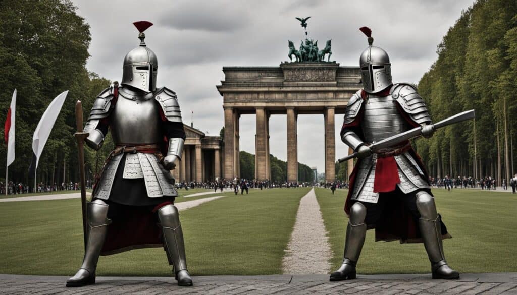 Darstellung von zwei Kriegern, von denen einer Berlin und der andere München repräsentiert, in einem heftigen Kampf
