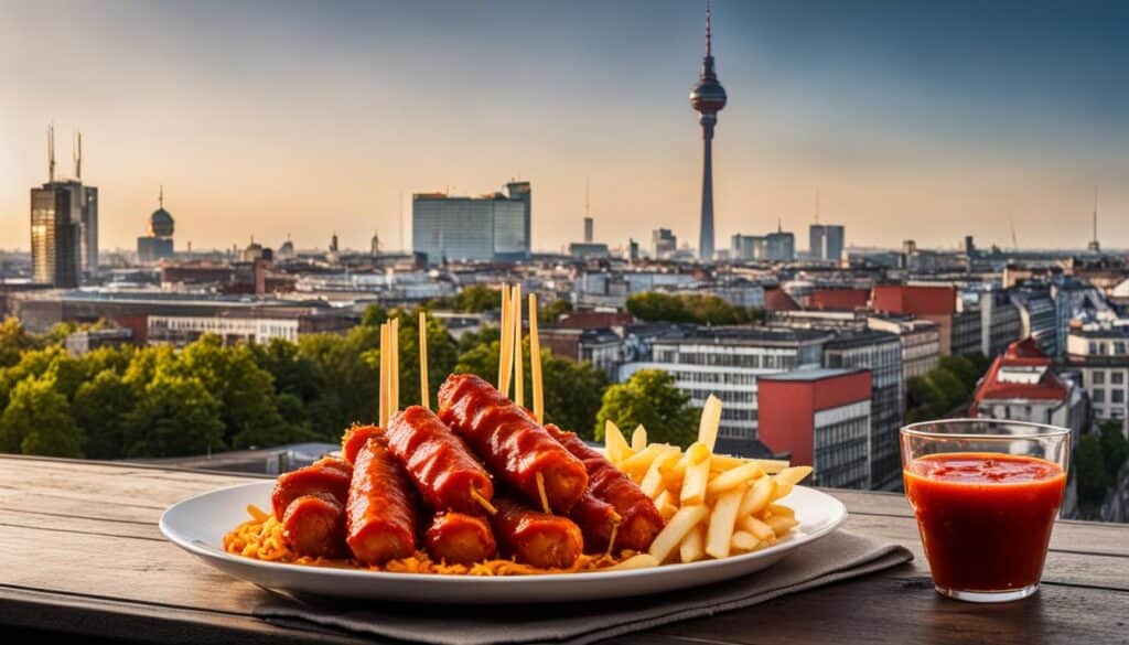 a plate of currywurst, a popular street food in Berlin