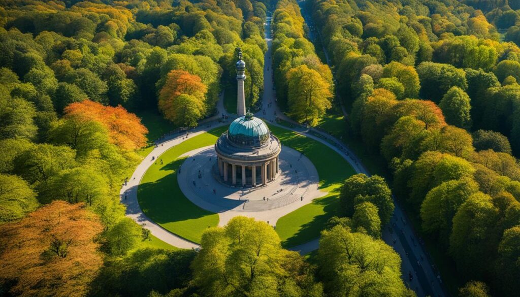 A bird's eye view of the vast green expanse of Tiergarten park, with towering trees and winding paths leading through the foliage