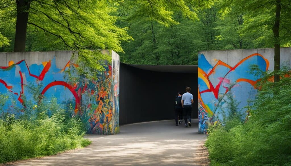 ein Blick auf die Gedenkstätte Berliner Mauer, umgeben von üppigem Grün und einem strahlend blauen Himmel im Tiergarten
