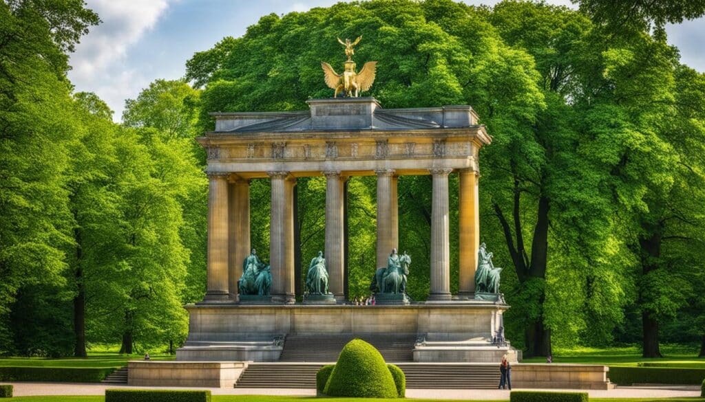 ein Bild, das die Vielfalt der Denkmäler und Wahrzeichen im Tiergarten, Berlins grüner Oase im Herzen der Stadt, zeigt.