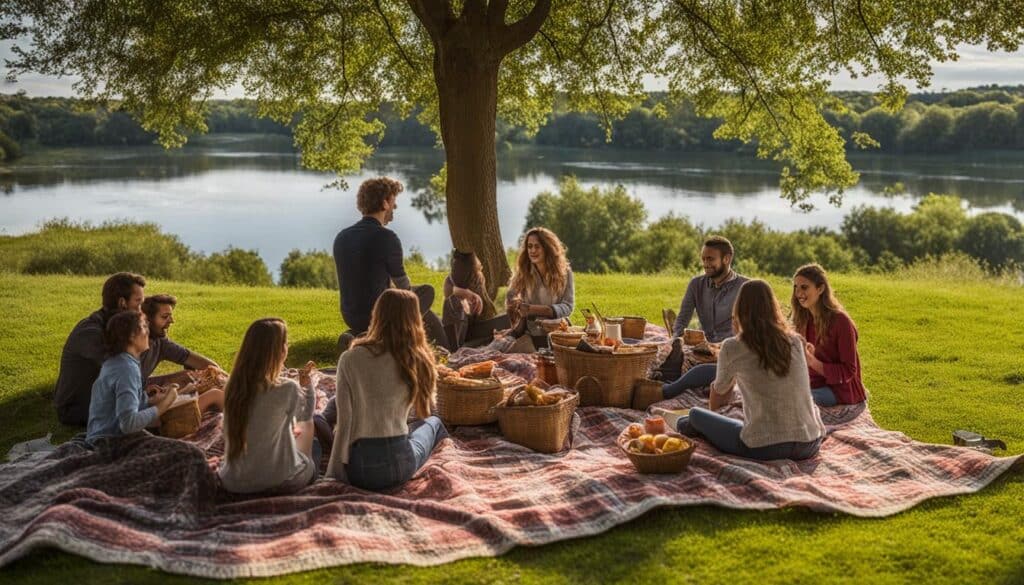 Eine Gruppe von Freunden macht ein Picknick auf einer Decke unter einem Baum, mit Blick auf den Teich und die Tierwelt im Hintergrund.