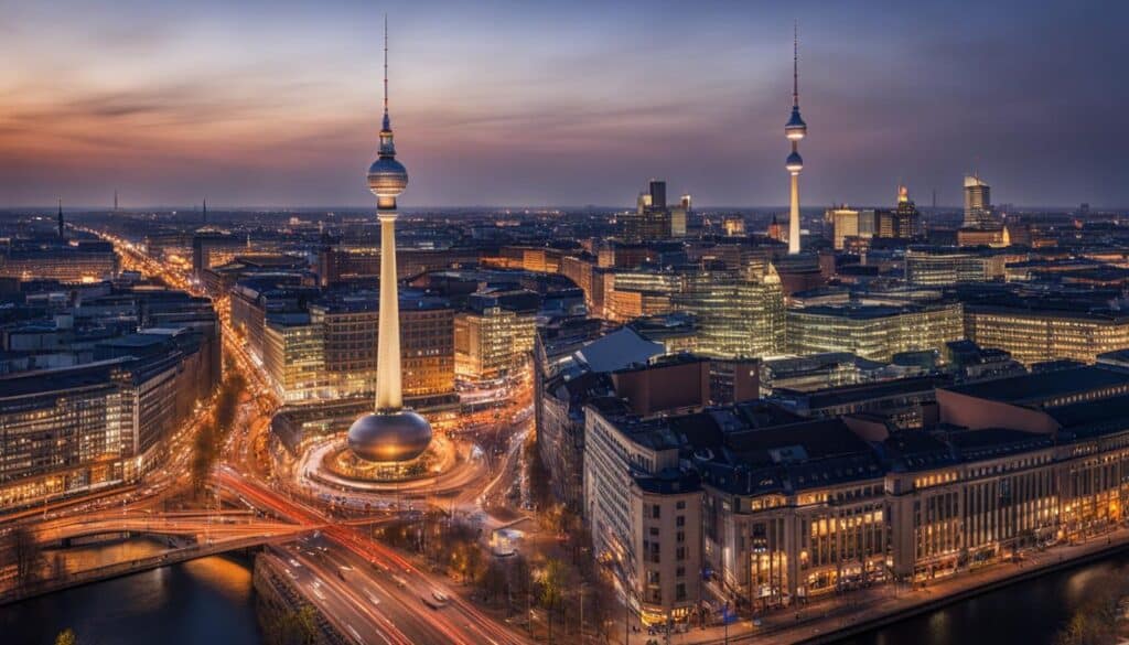 die überragende Präsenz des Berliner Fernsehturms, der die Skyline dominiert