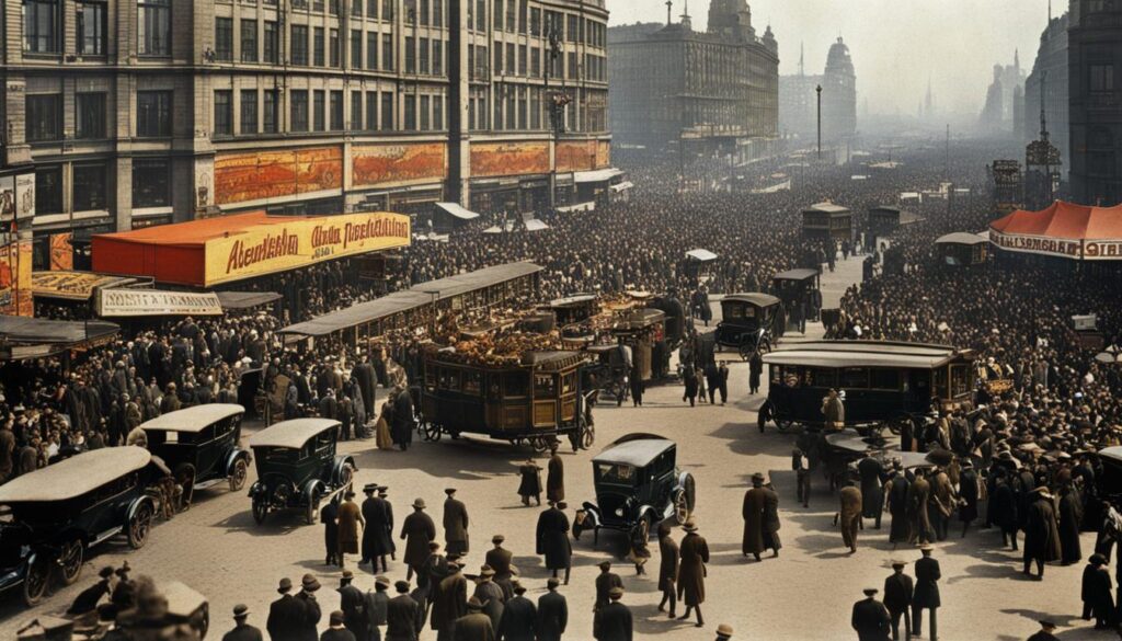 Zeigt das bunte Treiben auf dem Alexanderplatz in den 1920er Jahren