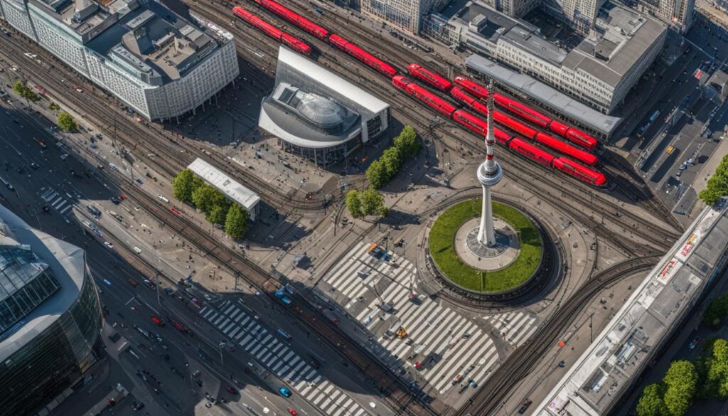 Ein Blick aus der Vogelperspektive auf den belebten Verkehrsknotenpunkt Alexanderplatz mit Zügen und Straßenbahnen, die an den verschiedenen Bahnsteigen ankommen und abfahren