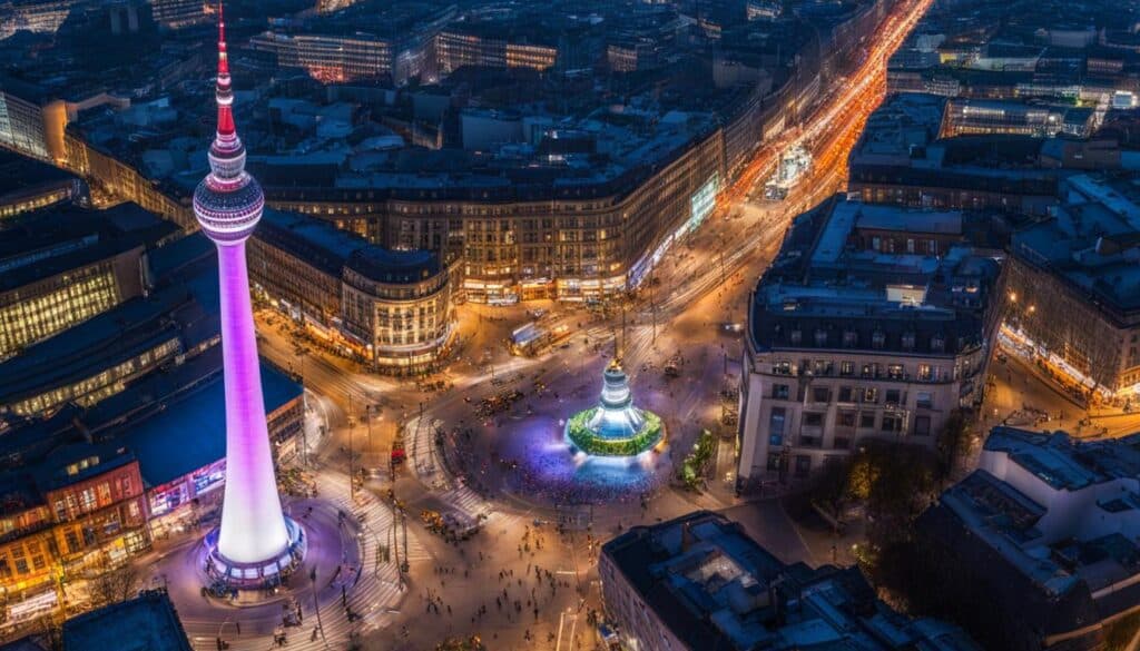 ein Bild, das den hoch aufragenden Fernsehturm im Hintergrund zeigt, der vom belebten Alexanderplatz aus gesehen wird