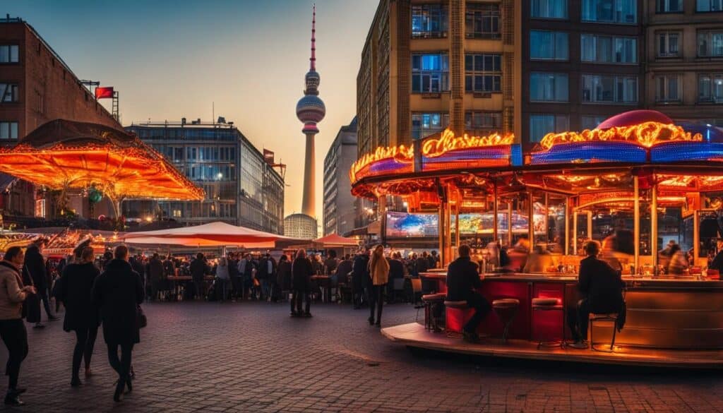 a bustling Alexanderplatz square filled with outdoor restaurants, where diners enjoy sizzling currywurst and cold Berliner Pilsner as they people watch