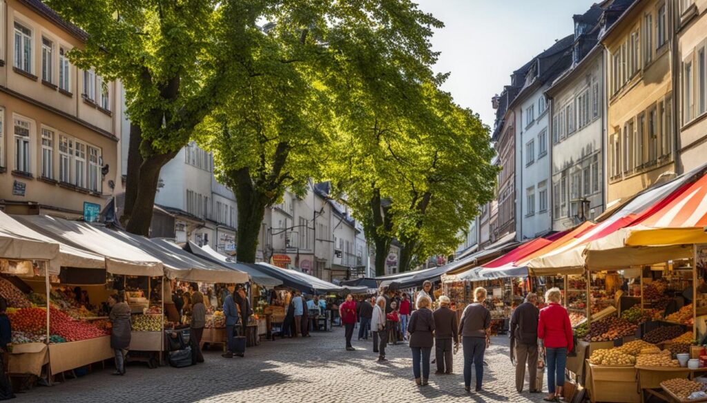 a bustling street scene in Wilmersdorf, with colorful market stalls selling a variety of Fair-Trade goods such as coffee beans, fruits, and textiles
