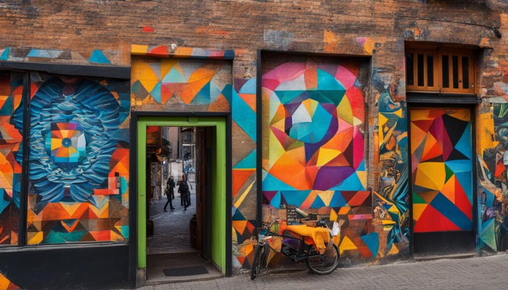 Eine lebendige und eklektische Mischung aus Straßenkunst bedeckt eine Backsteinmauer in Kreuzberg.