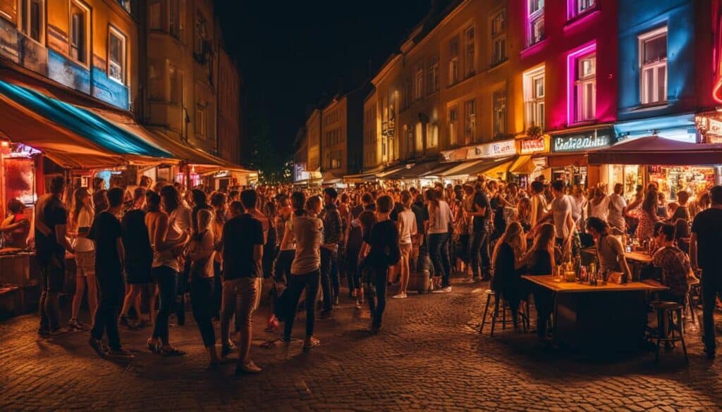 Crowds of people gather outside of bars and clubs, laughing and dancing in the warm summer night
