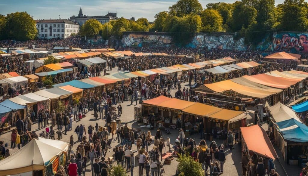 Mauerpark's Sunday Flea Market, with bustling crowds and colorful stalls selling everything from vintage clothing to handmade crafts