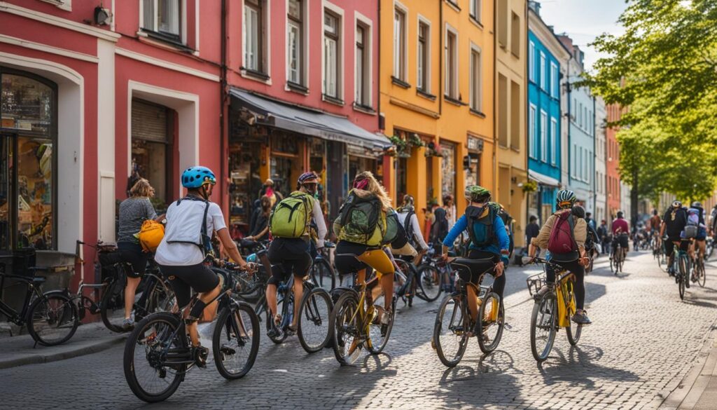 Eine Gruppe von Radfahrern fährt durch die lebhaften Straßen von Prenzlauer Berg