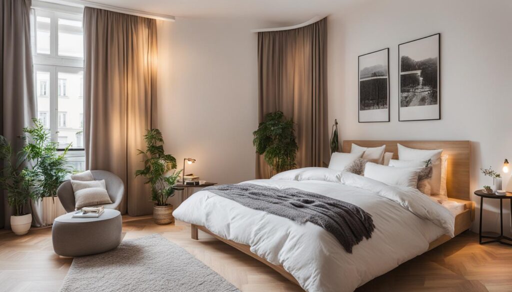 ein gemütliches und modernes Schlafzimmer in der Unterkunft Savi Charlottenburg, mit sanfter Beleuchtung und flauschigen Kissen 