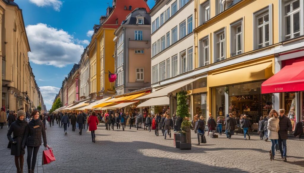A bustling shopping street in Charlottenburg lined with trendy boutiques and designer stores