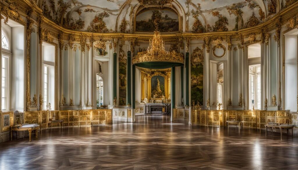 die Pracht des Schlosses Charlottenburg mit seiner hoch aufragenden weißen Fassade, den verzierten goldenen Akzenten und den weitläufigen Gärten
