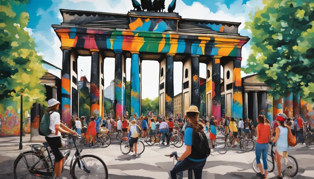 an image of the famous Berlin Wall with colorful street art and graffiti covering its surface