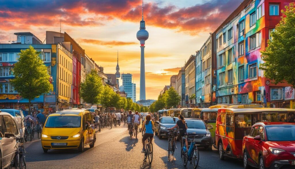 ein Bild des ikonischen Berliner Fernsehturms, der hoch über einer belebten Straße mit Fahrrädern und Fußgängern steht