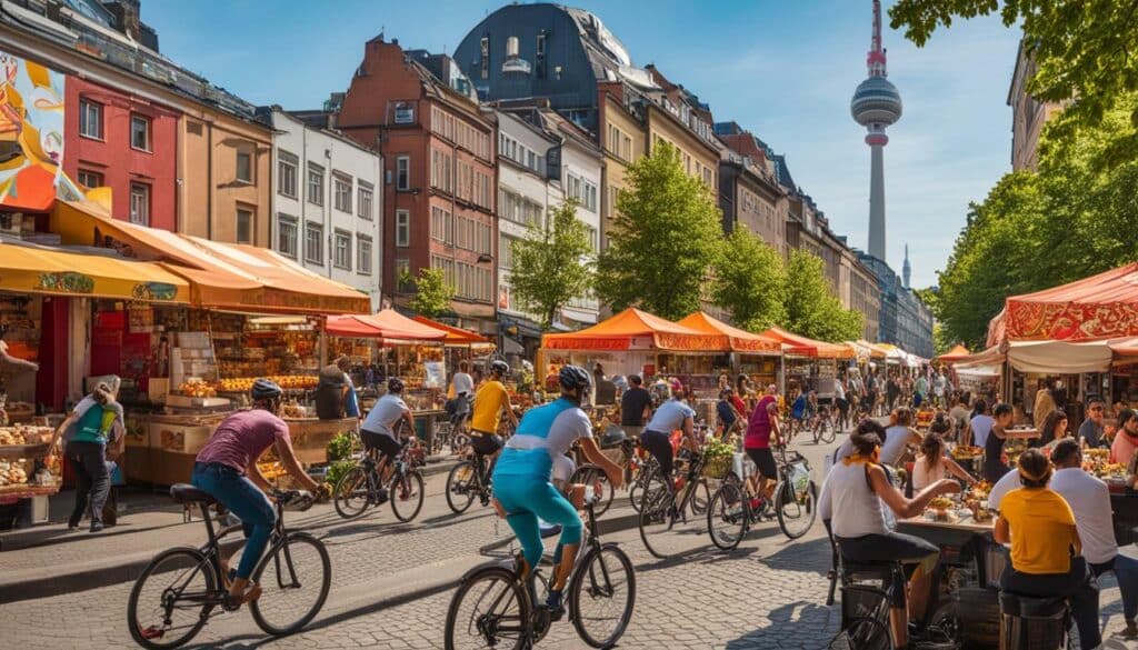 A bustling street filled with colorful murals and street art, with the iconic TV Tower looming in the distance